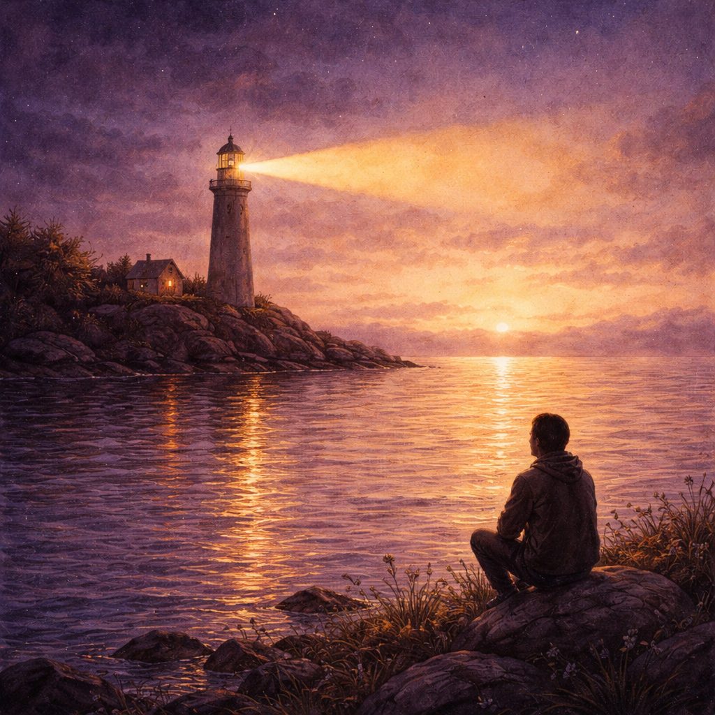 A lighthouse at dusk, its beam sweeping across calm water, a figure sitting peacefully on the shore