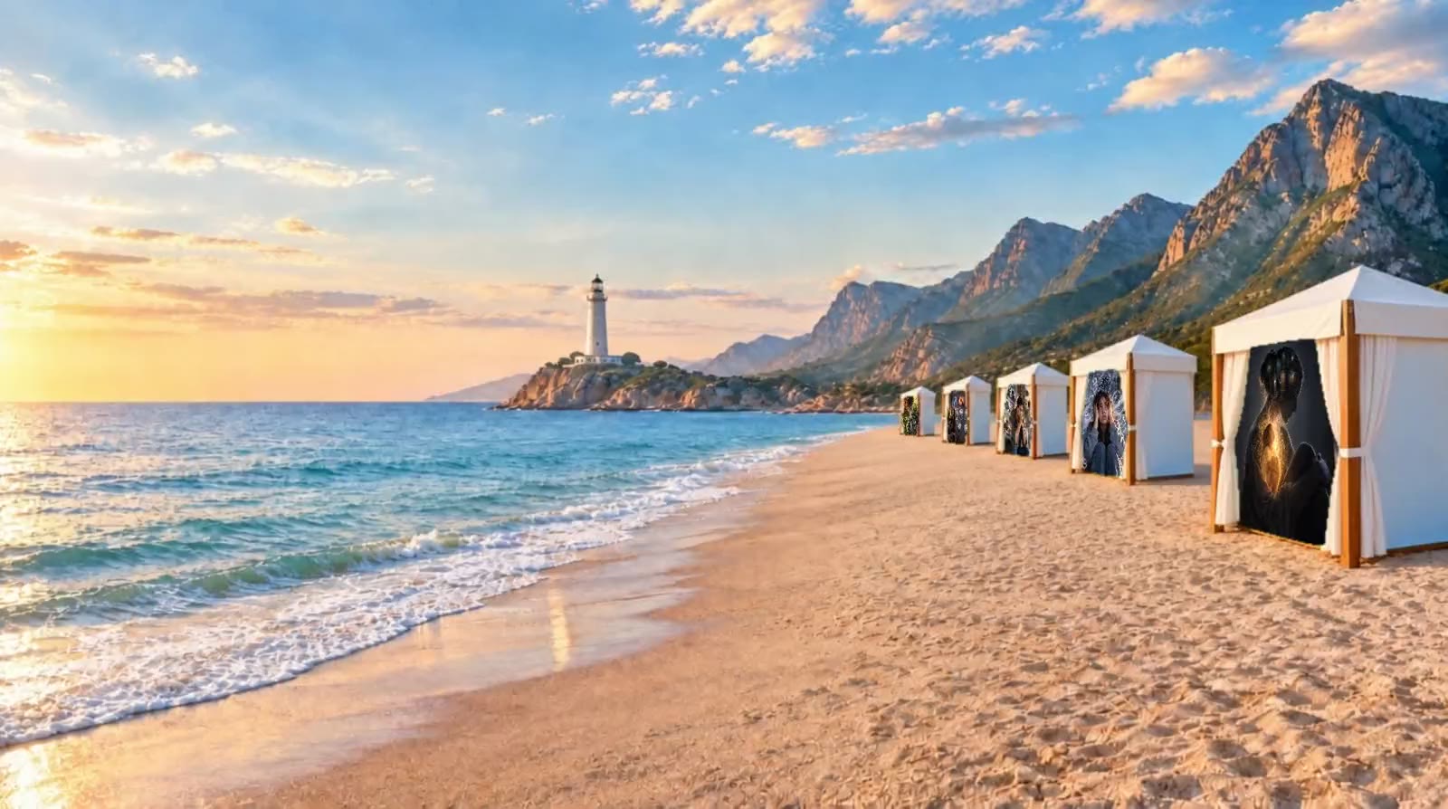 A calm beach at morning with five white cabanas in a row, each showing one specialty image, and a lighthouse on the headland